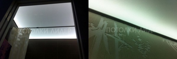 Слева ПВХ, а справа тканевый натяжной потолок с запотолочной подсветкой