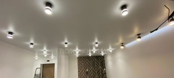 Натяжной потолок с  точечными светильниками и контурной подсветкой части стены  – Фото 4