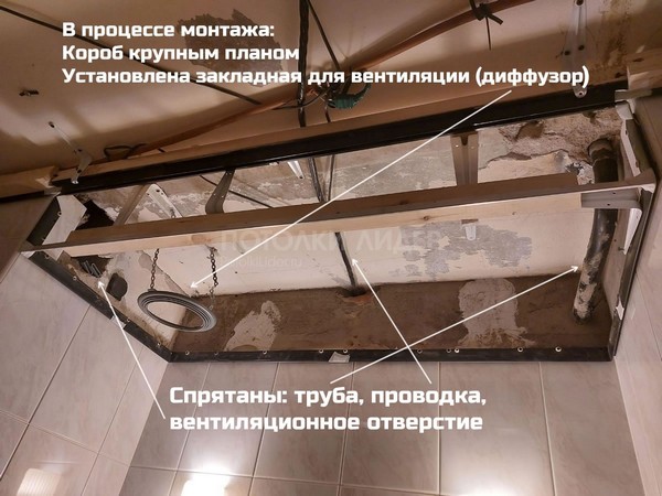 Прячем за нишей из натяжного потолка одновременно: проводку, сантехническую трубу и вентиляционное отверстие